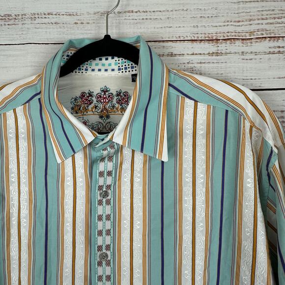 Mens Robert Graham Tan Green Striped Embroidered Button Up Flip Cuff  Shirt 2XL - Picture 2 of 10